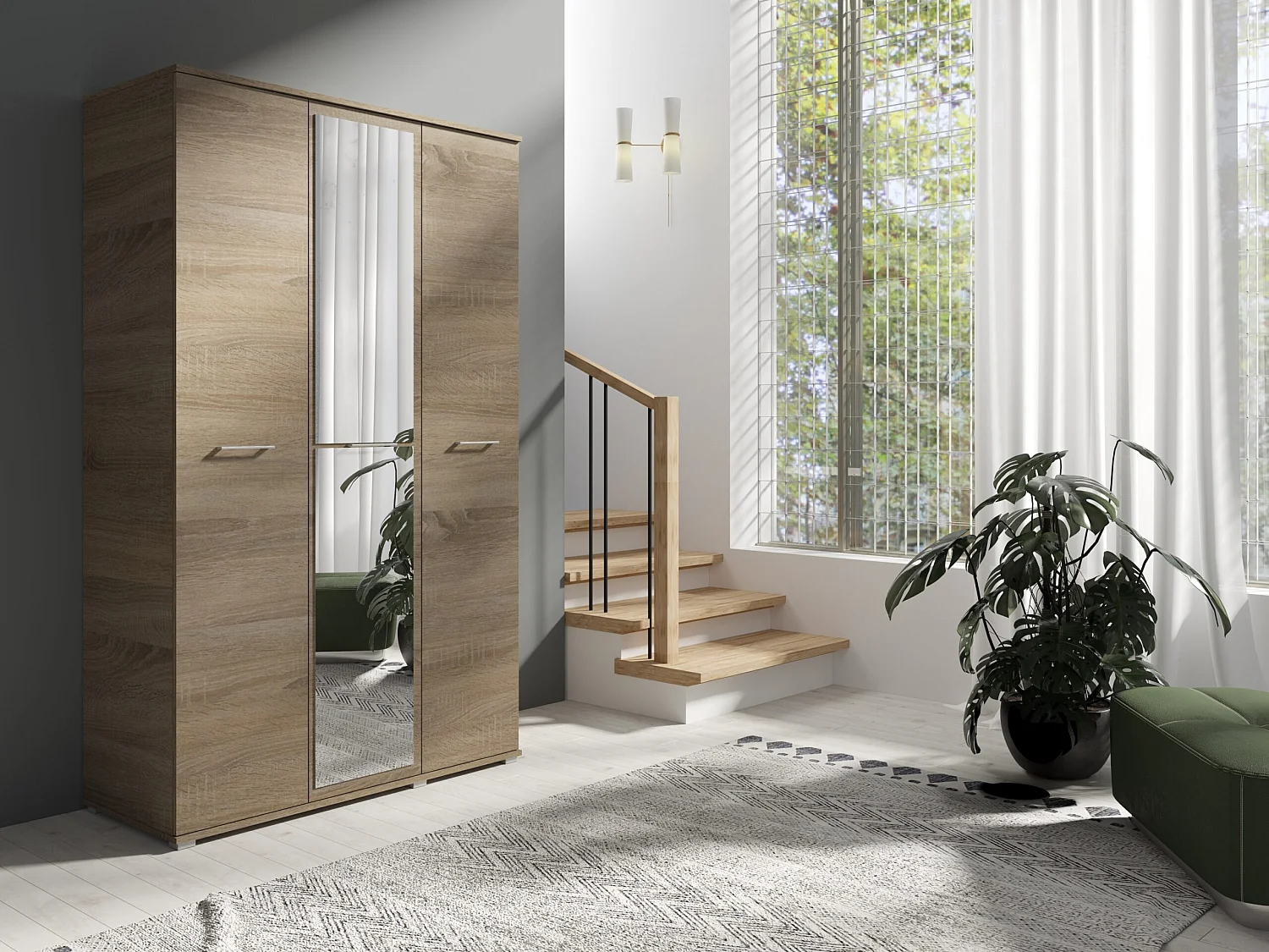 Drie-deurs opengaande kast SPIEGEL 120 cm × 200 cm TRUFFEL | Planken + Kleerhangerstang