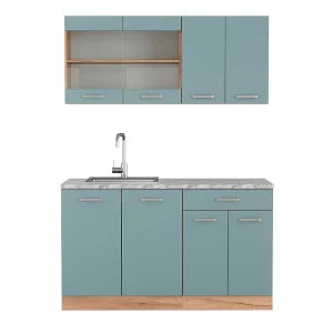 Eenpersoonskeuken blauw-grijs/gouden eik 140x60x81.6 r-line Eenpersoonskeuken blauw-grijs/gouden eik 140x60x81.6 r-line
