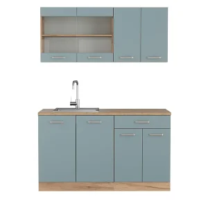 Eenpersoonskeuken blauw-grijs/gouden eik 140x60x81.6 r-line Eenpersoonskeuken blauw-grijs/gouden eik 140x60x81.6 r-line