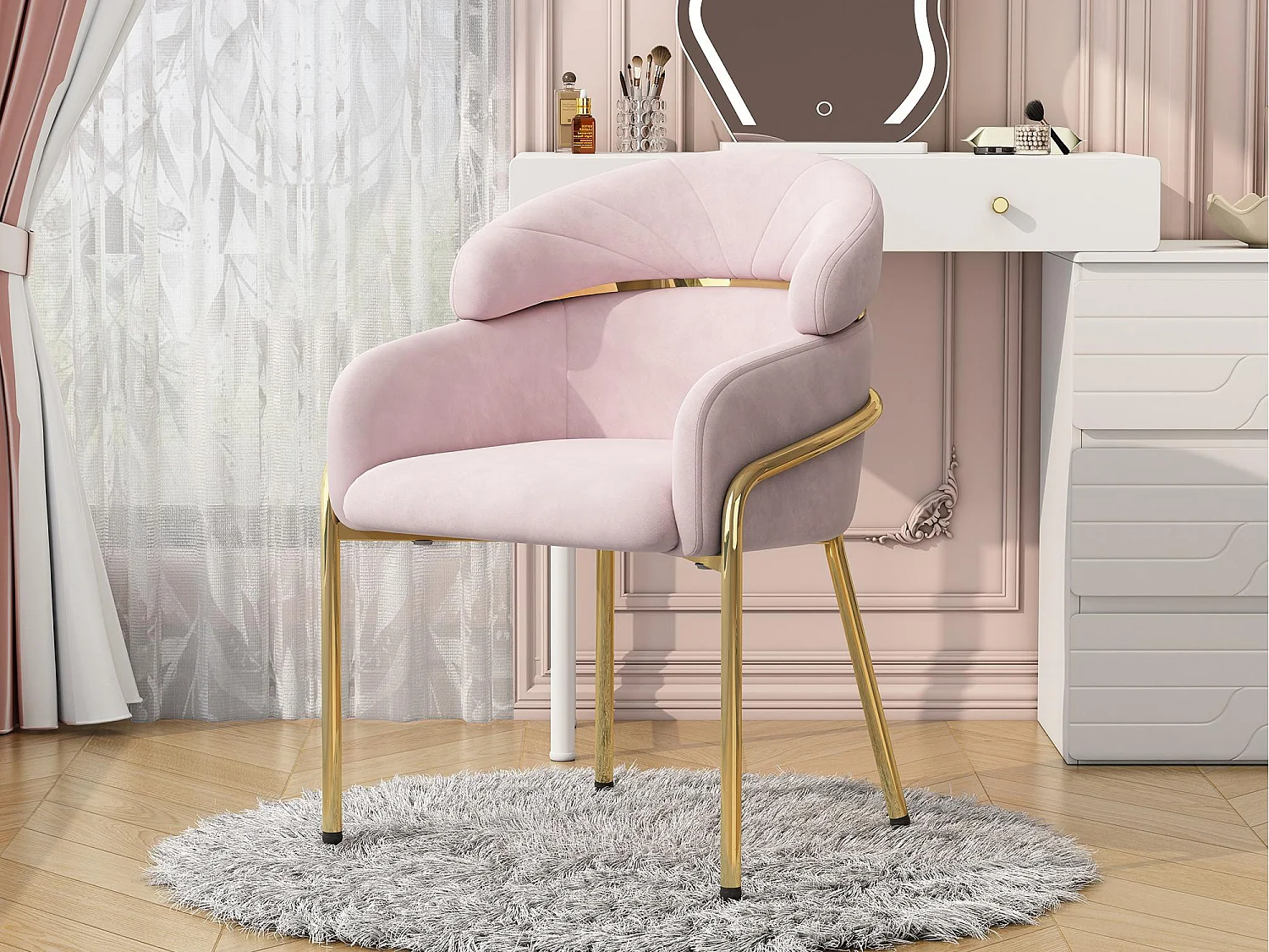Eetkamerstoel - 45x53x79cm - metalen poten - Fluweel stof - Roze