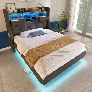 Eenpersoonsbed 90x200cm met LED, 2 lades, Type-C en 3 USB-poorten – Linnen stof – Grijs (matras niet inbegrepen) Eenpersoonsbed 90x200cm met LED, 2 lades, Type-C en 3 USB-poorten – Linnen stof – Grijs (matras niet inbegrepen)