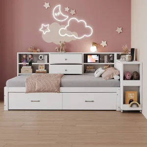 Eenpersoonsbed 90x200cm met 4 lades, stopcontact en bureau – Hout – Wit Eenpersoonsbed 90x200cm met 4 lades, stopcontact en bureau – Hout – Wit
