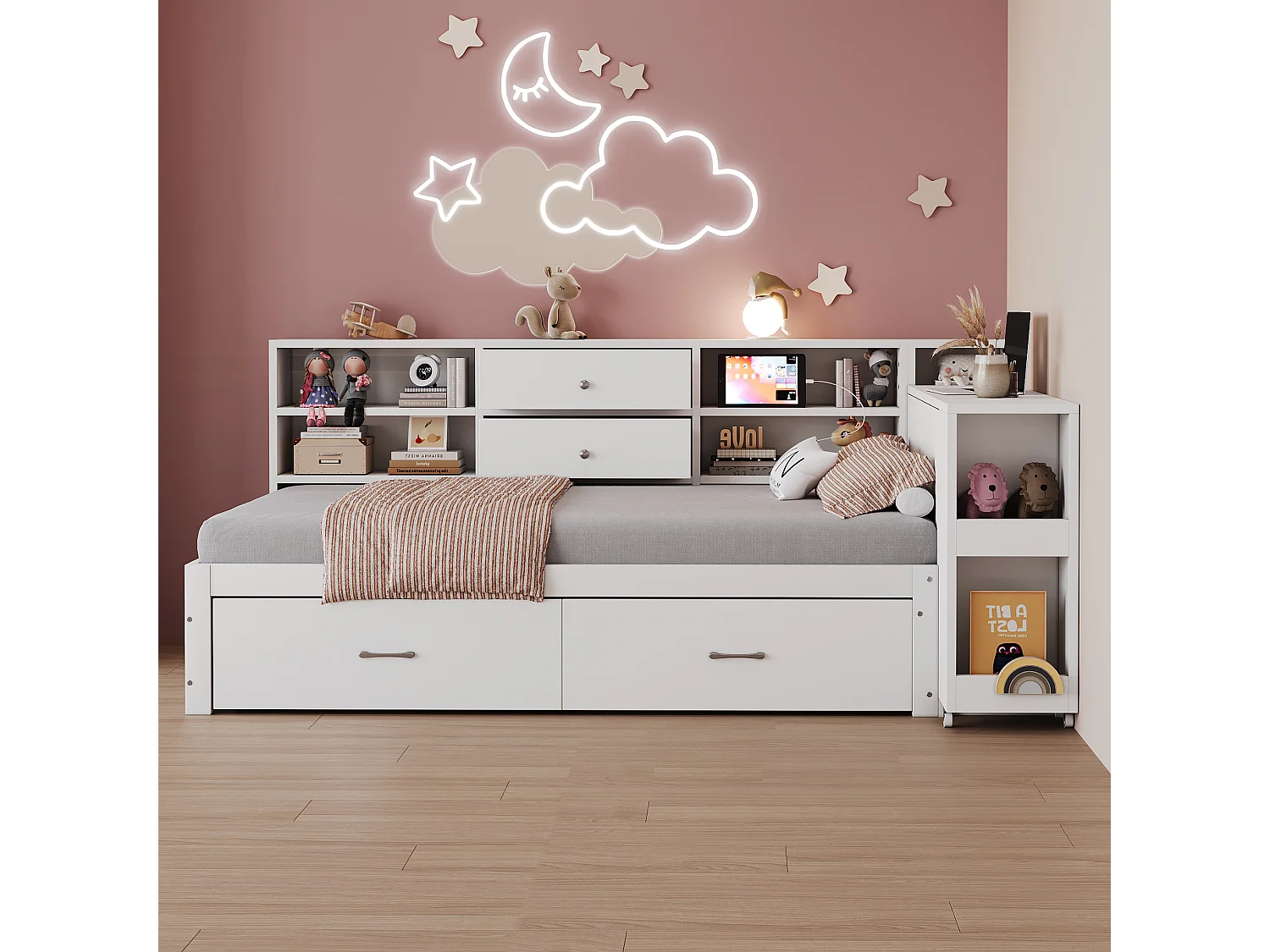 Eenpersoonsbed 90x200cm met 4 lades, stopcontact en bureau - Hout - Wit