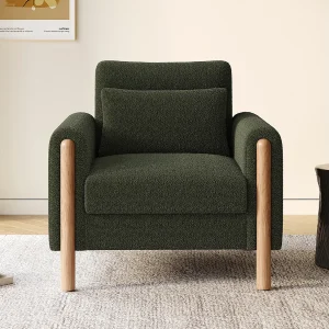 Fauteuil met lendensteun, houten frame, Teddy stof, groen Fauteuil met lendensteun, houten frame, Teddy stof, groen