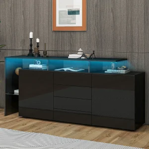 Dressoir met 2 deuren + 4 lades en planken – 160 x 35 x 70 cm – LED-verlichting – spaanplaat – zwart Dressoir met 2 deuren + 4 lades en planken – 160 x 35 x 70 cm – LED-verlichting – spaanplaat – zwart