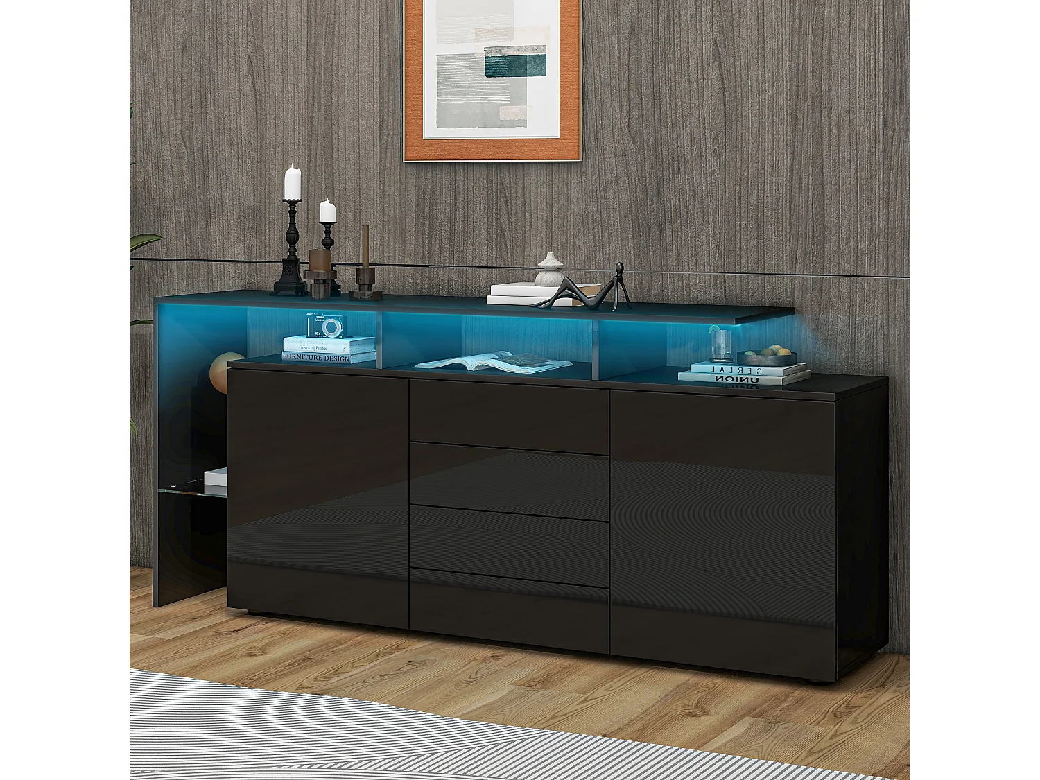 Dressoir met 2 deuren + 4 lades en planken - 160 x 35 x 70 cm - LED-verlichting - spaanplaat - zwart