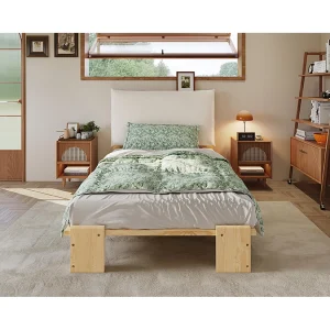 Eenpersoonsbed 90×200 cm van hout – Hoofdbord met klittenbandsluiting – Lichte houtkleur Eenpersoonsbed 90×200 cm van hout – Hoofdbord met klittenbandsluiting – Lichte houtkleur