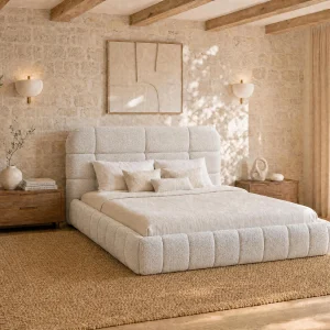 Queen size boxbed 160 x 200 cm in beige bouclé stof + matras – FORIOSY Queen size boxbed 160 x 200 cm in beige bouclé stof + matras – FORIOSY