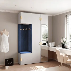 Garderobe Aria V7 Wit Gestoffeerd Fluweel Atlantisch Blauw met Spiegel Haken en Planken Garderobe Aria V7 Wit Gestoffeerd Fluweel Atlantisch Blauw met Spiegel Haken en Planken