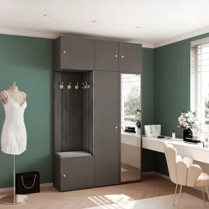 Garderobe Aria V7 Grijs Gestoffeerd Fluweel Antraciet met Spiegel Haken en Planken Garderobe Aria V7 Grijs Gestoffeerd Fluweel Antraciet met Spiegel Haken en Planken