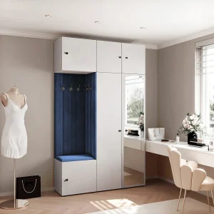 Garderobe Aria V7 Wit Gestoffeerd Fluweel Atlantisch Blauw met Spiegel Haken en Planken Garderobe Aria V7 Wit Gestoffeerd Fluweel Atlantisch Blauw met Spiegel Haken en Planken