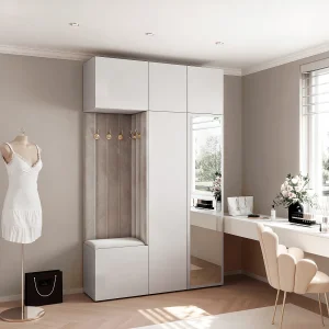 Garderobe Aria V7 Wit Gestoffeerd Fluweel Lichtgrijs met Spiegel Haken en Planken Garderobe Aria V7 Wit Gestoffeerd Fluweel Lichtgrijs met Spiegel Haken en Planken