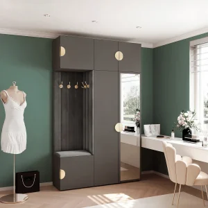 Garderobe Aria V7 Grijs Gestoffeerd Fluweel Antraciet met Spiegel Haken en Planken Garderobe Aria V7 Grijs Gestoffeerd Fluweel Antraciet met Spiegel Haken en Planken