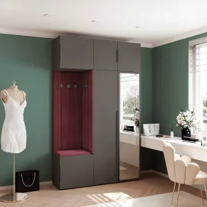 Garderobe Aria V7 Grijs Gestoffeerd Fluweel Merlot met Spiegel Haken en Planken Garderobe Aria V7 Grijs Gestoffeerd Fluweel Merlot met Spiegel Haken en Planken