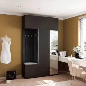 Garderobe Aria V7 Zwart Gestoffeerd Fluweel Zwart met Spiegel Haken en Planken