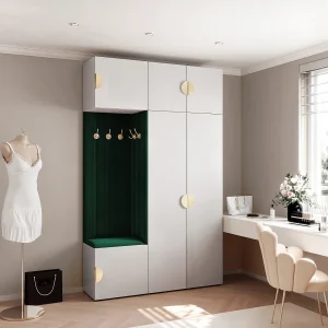 Garderobe Aria V7 Wit Gestoffeerd Fluweel Donkergroen Haken en Planken Garderobe Aria V7 Wit Gestoffeerd Fluweel Donkergroen Haken en Planken