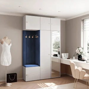 Garderobe Aria V7 Wit Gestoffeerd Fluweel Atlantisch Blauw met Spiegel Haken en Planken Garderobe Aria V7 Wit Gestoffeerd Fluweel Atlantisch Blauw met Spiegel Haken en Planken