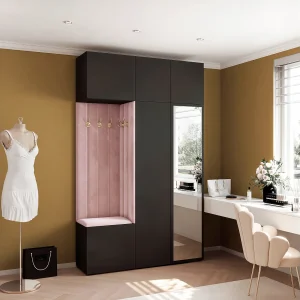 Garderobe Aria V7 Zwart Gestoffeerd Fluweel Roze met Spiegel Haken en Planken Garderobe Aria V7 Zwart Gestoffeerd Fluweel Roze met Spiegel Haken en Planken