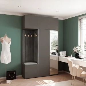 Garderobe Aria V7 Grijs Gestoffeerd Fluweel Antraciet met Spiegel Haken en Planken Garderobe Aria V7 Grijs Gestoffeerd Fluweel Antraciet met Spiegel Haken en Planken
