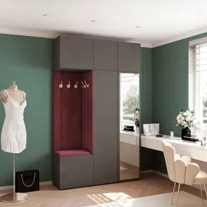 Garderobe Aria V7 Grijs Gestoffeerd Fluweel Merlot met Spiegel Haken en Planken Garderobe Aria V7 Grijs Gestoffeerd Fluweel Merlot met Spiegel Haken en Planken