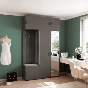 Garderobe Aria V7 Grijs Gestoffeerd Fluweel Antraciet met Spiegel Haken en Planken Garderobe Aria V7 Grijs Gestoffeerd Fluweel Antraciet met Spiegel Haken en Planken