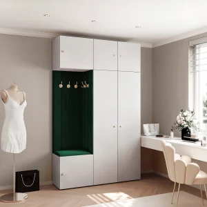 Garderobe Aria V7 Wit Gestoffeerd Fluweel Donkergroen Haken en Planken Garderobe Aria V7 Wit Gestoffeerd Fluweel Donkergroen Haken en Planken