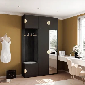 Garderobe Aria V7 Zwart Gestoffeerd Fluweel Zwart met Spiegel Haken en Planken