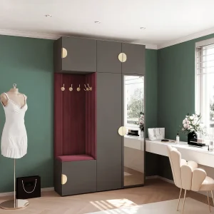 Garderobe Aria V7 Grijs Gestoffeerd Fluweel Merlot met Spiegel Haken en Planken Garderobe Aria V7 Grijs Gestoffeerd Fluweel Merlot met Spiegel Haken en Planken