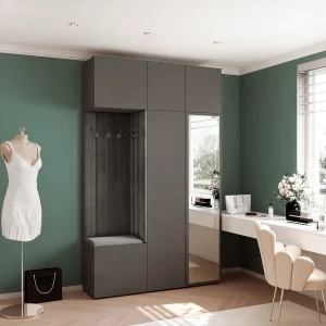 Garderobe Aria V7 Grijs Gestoffeerd Fluweel Antraciet met Spiegel Haken en Planken Garderobe Aria V7 Grijs Gestoffeerd Fluweel Antraciet met Spiegel Haken en Planken