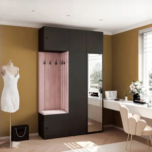Garderobe Aria V7 Zwart Gestoffeerd Fluweel Roze met Spiegel Haken en Planken Garderobe Aria V7 Zwart Gestoffeerd Fluweel Roze met Spiegel Haken en Planken