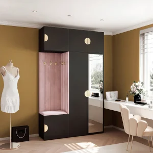 Garderobe Aria V7 Zwart Gestoffeerd Fluweel Roze met Spiegel Haken en Planken