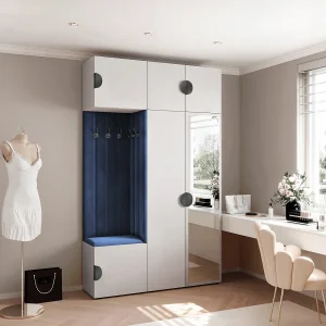 Garderobe Aria V7 Wit Gestoffeerd Fluweel Atlantisch Blauw met Spiegel Haken en Planken Garderobe Aria V7 Wit Gestoffeerd Fluweel Atlantisch Blauw met Spiegel Haken en Planken