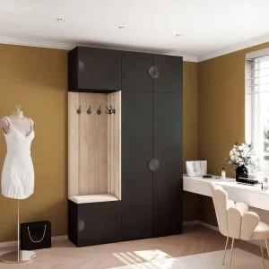 Garderobe Aria V7 Zwart Gestoffeerd Fluweel Beige Haken en Planken Garderobe Aria V7 Zwart Gestoffeerd Fluweel Beige Haken en Planken