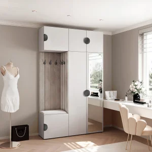 Garderobe Aria V7 Wit Gestoffeerd Fluweel Lichtgrijs met Spiegel Haken en Planken Garderobe Aria V7 Wit Gestoffeerd Fluweel Lichtgrijs met Spiegel Haken en Planken