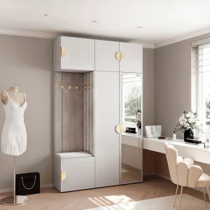 Garderobe Aria V7 Wit Gestoffeerd Fluweel Lichtgrijs met Spiegel Haken en Planken Garderobe Aria V7 Wit Gestoffeerd Fluweel Lichtgrijs met Spiegel Haken en Planken