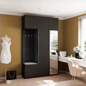 Garderobe Aria V7 Zwart Gestoffeerd Fluweel Zwart met Spiegel Haken en Planken