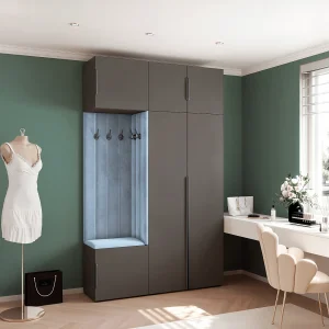 Garderobe Aria V7 Grijs Gestoffeerd Fluweel Lichtblauw Haken en Planken Garderobe Aria V7 Grijs Gestoffeerd Fluweel Lichtblauw Haken en Planken