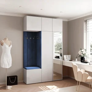 Garderobe Aria V7 Wit Gestoffeerd Fluweel Atlantisch Blauw met Spiegel Haken en Planken Garderobe Aria V7 Wit Gestoffeerd Fluweel Atlantisch Blauw met Spiegel Haken en Planken