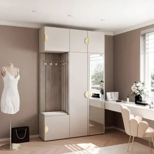 Garderobe Aria V7 Kasjmier Gestoffeerd Fluweel Muisgrijs met Spiegel Haken en Planken Garderobe Aria V7 Kasjmier Gestoffeerd Fluweel Muisgrijs met Spiegel Haken en Planken