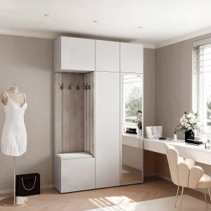 Garderobe Aria V7 Wit Gestoffeerd Fluweel Lichtgrijs met Spiegel Haken en Planken Garderobe Aria V7 Wit Gestoffeerd Fluweel Lichtgrijs met Spiegel Haken en Planken