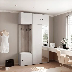 Garderobe Aria V7 Wit Gestoffeerd Fluweel Lichtgrijs met Spiegel Haken en Planken Garderobe Aria V7 Wit Gestoffeerd Fluweel Lichtgrijs met Spiegel Haken en Planken