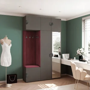 Garderobe Aria V7 Grijs Gestoffeerd Fluweel Merlot met Spiegel Haken en Planken Garderobe Aria V7 Grijs Gestoffeerd Fluweel Merlot met Spiegel Haken en Planken
