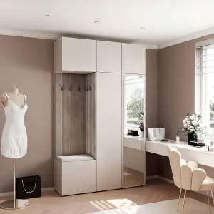 Garderobe Aria V7 Kasjmier Gestoffeerd Fluweel Muisgrijs met Spiegel Haken en Planken Garderobe Aria V7 Kasjmier Gestoffeerd Fluweel Muisgrijs met Spiegel Haken en Planken