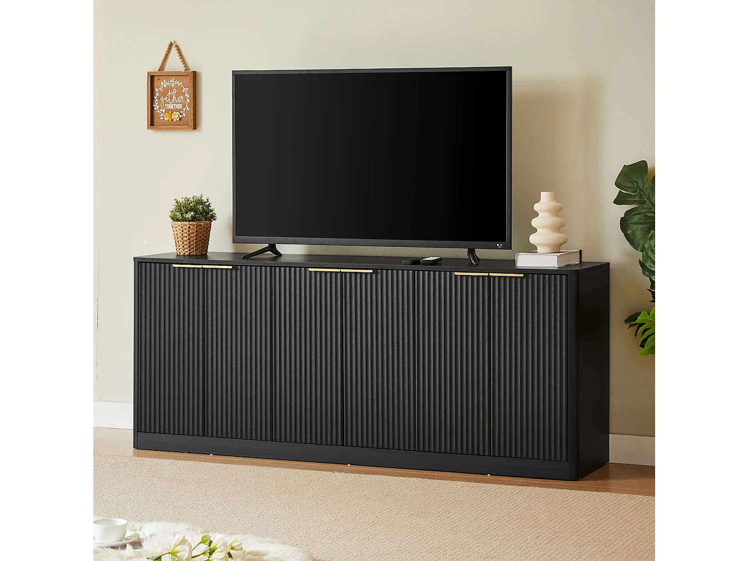 Dressoir met golvend patroon en 6 deuren - Zwart 170 x 40 x 70,5 cm