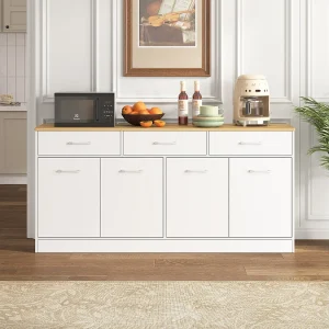 Dressoir met 3 lades, 4 deuren en verstelbare planken – Wit en hout 160 x 37 x 76,5 cm