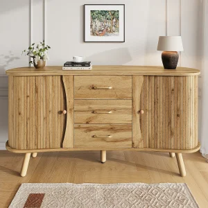 Dressoir met groefpatroon, 2 schuifdeuren en 3 lades – Licht naturel 150×36,5×75 cm