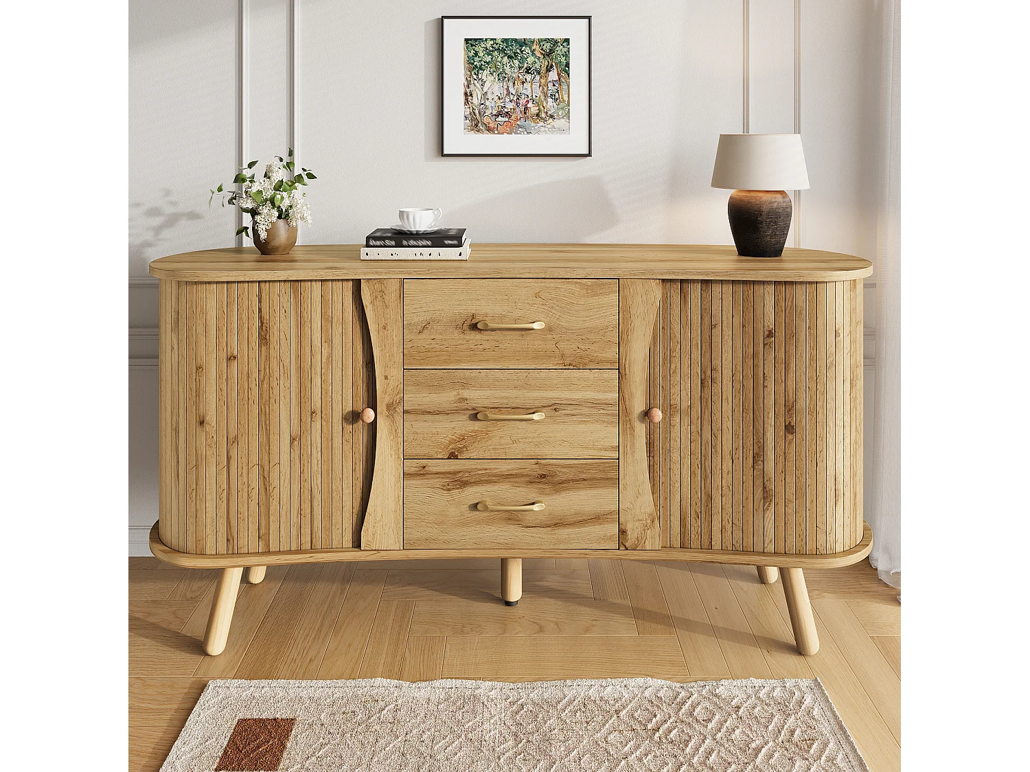 Dressoir met groefpatroon, 2 schuifdeuren en 3 lades - Licht naturel 150x36,5x75 cm