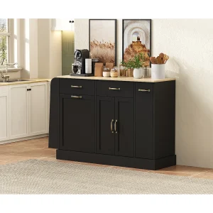 Dressoir met lades, deuren en kruidenrek – Zwart MDF-hout Dressoir met lades, deuren en kruidenrek – Zwart MDF-hout