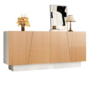 Dressoir met 4 deuren 160×40,5×72 cm – Gegraveerd geometrisch design – Verstelbare planken – MDF – Natuurlijke kleur Dressoir met 4 deuren 160×40,5×72 cm – Gegraveerd geometrisch design – Verstelbare planken – MDF – Natuurlijke kleur