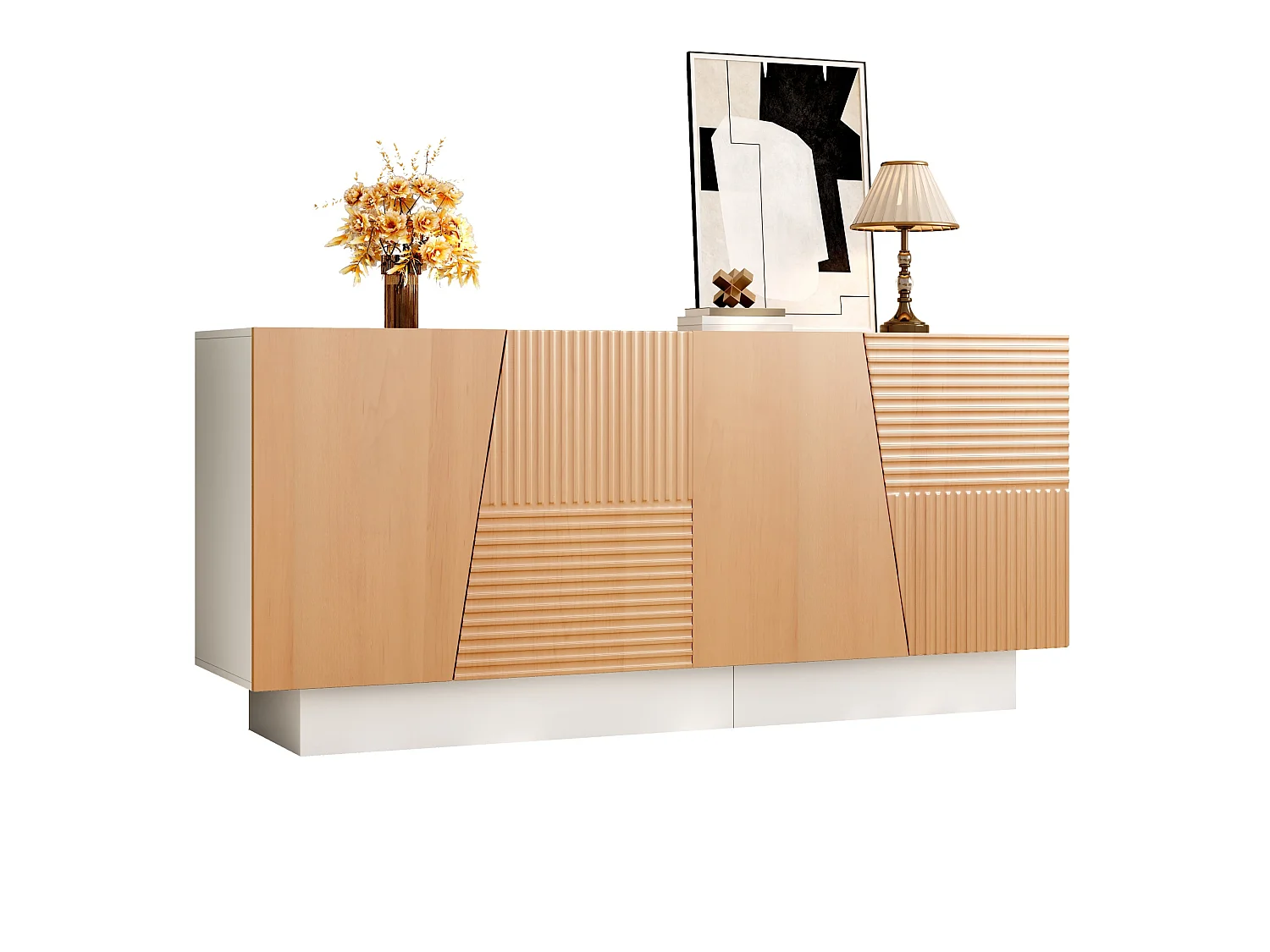 Dressoir met 4 deuren 160x40,5x72 cm - Gegraveerd geometrisch design - Verstelbare planken - MDF - Natuurlijke kleur